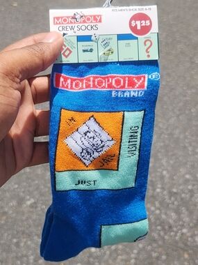 Monopoly Blue Crew Socks with Orange & Mint Game Tile Design